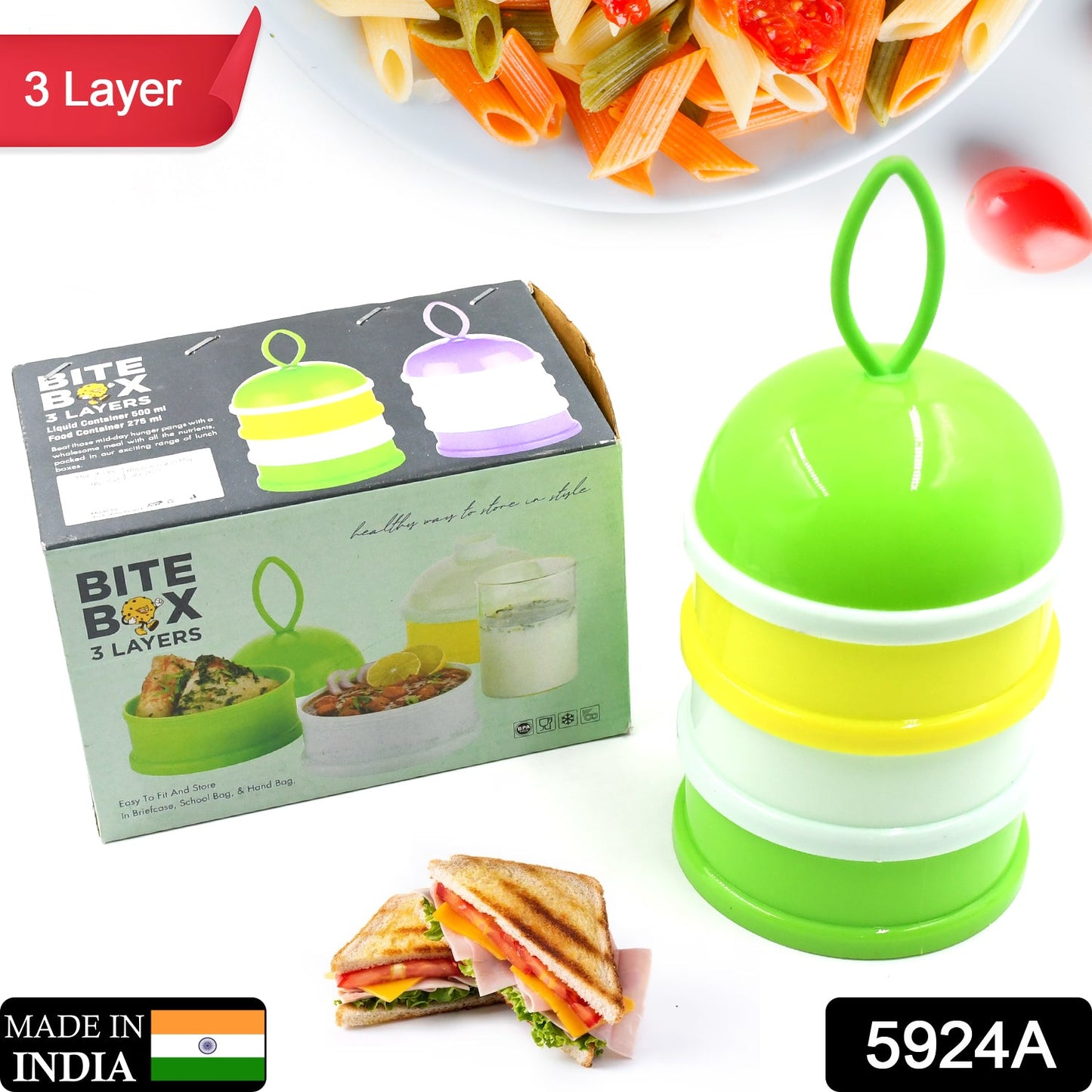 5924A 3 Layer Lunch Box Unique Design Bite Lunch Box With Liquid & Food Container Lunch Box (Green)