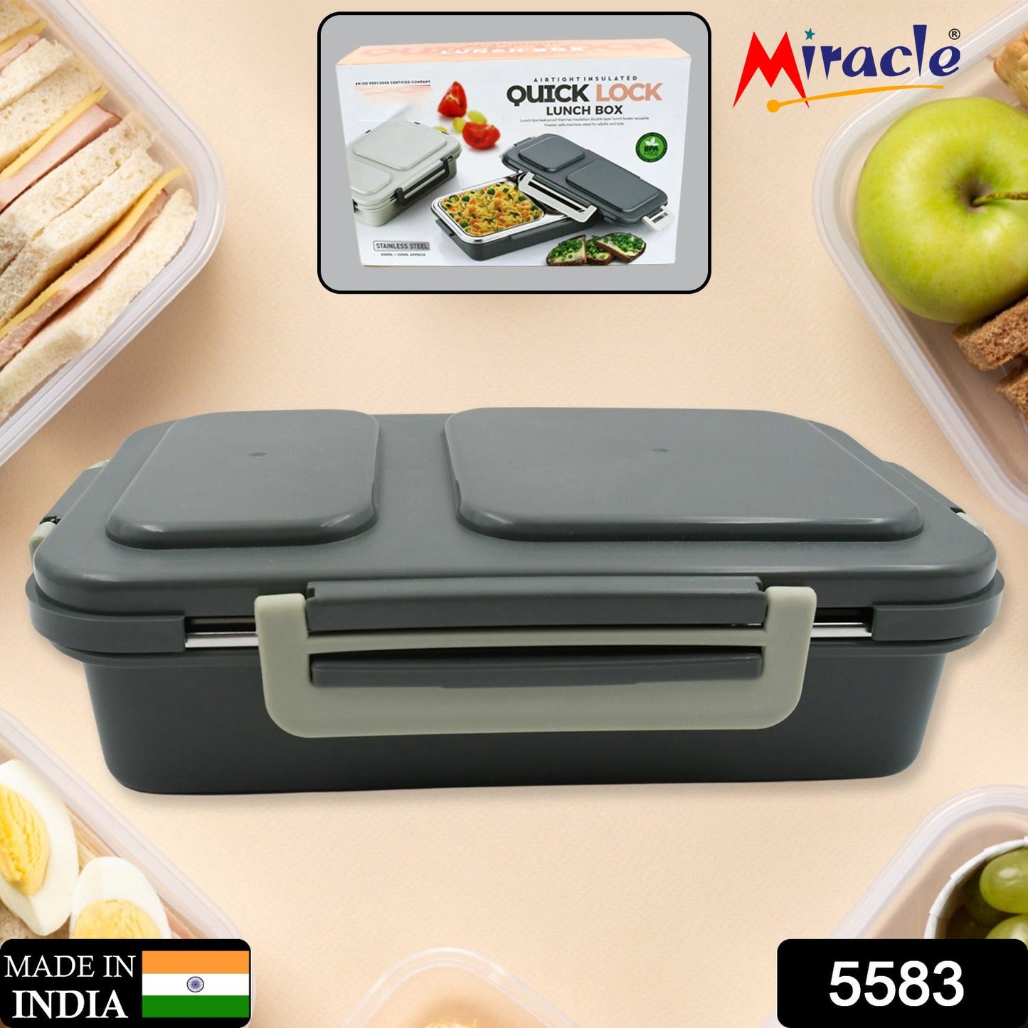 5583 Miracle Quick Lock Leak Proof 2 Compartment Stainless Steel LUNCH BOX Inner Plate Reusable Microwave Freezer Safe Lunch Box Trendy Thermal Insulation Leak Proof for Office Vacuum Tiffin Box for Boys / Girls / School / Office Women and Men 