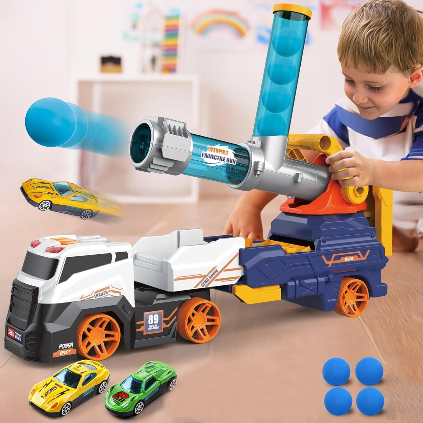 17931 Truck Toys for Kids, Large Truck Toys Include 2 Racing Cars+4 Ball, with Light & Sounds, Eejection & Shooting Transport Cars Toy, Gifts for Boys Girls (Battery Not Included)