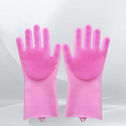 17723 Dishwashing Gloves with Scrubber| Silicone Cleaning Reusable Scrub Gloves for Wash Dish Kitchen| Bathroom| Pet Grooming Wet and Dry Glove (1 Pair, 250 Gm)