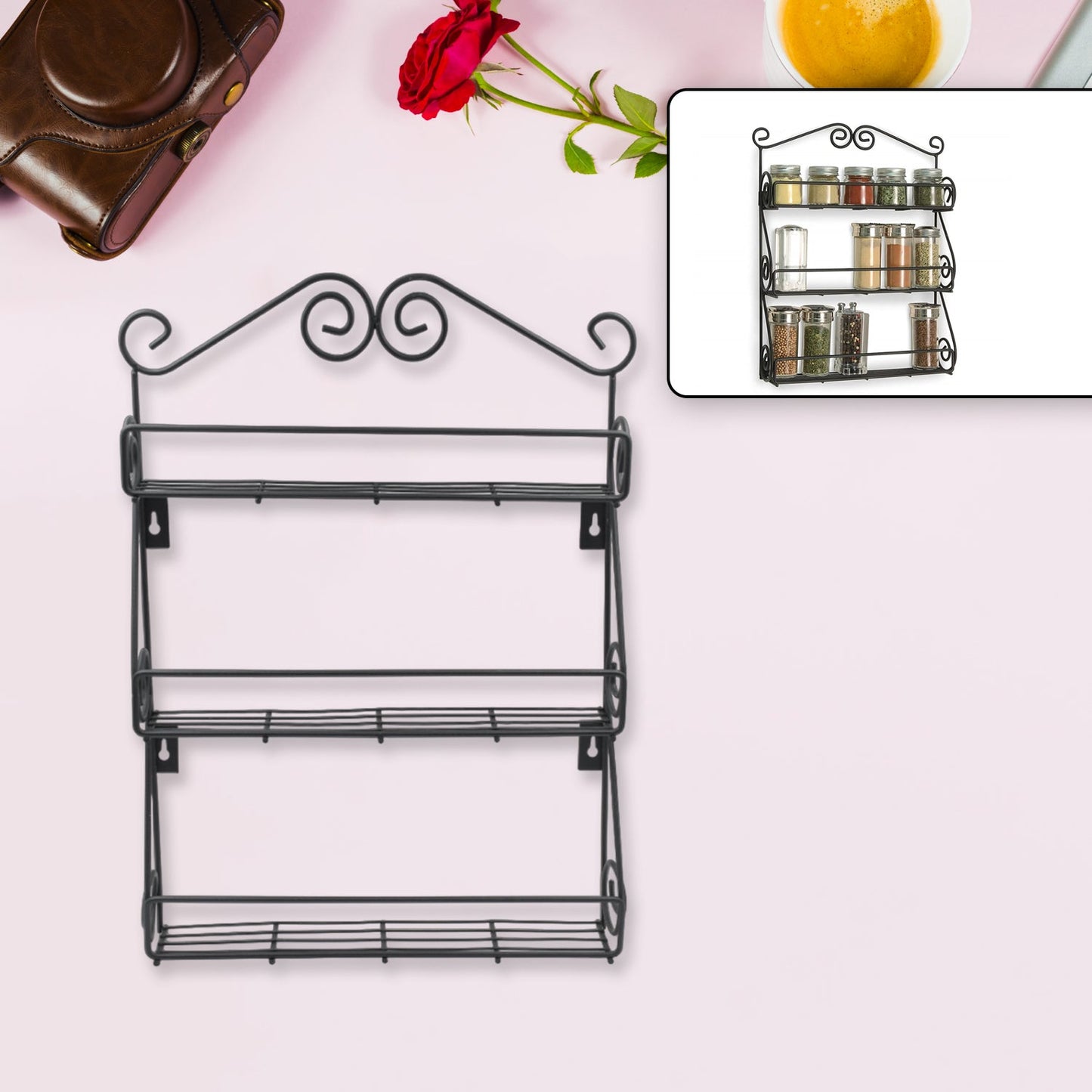 5857 Big Wall Mounted Iron Wall Shelf with 3 Storage Racks for Kitchen, Pantry, Cabinet, Counter top or Free Standing, Rack Holder for Kitchen