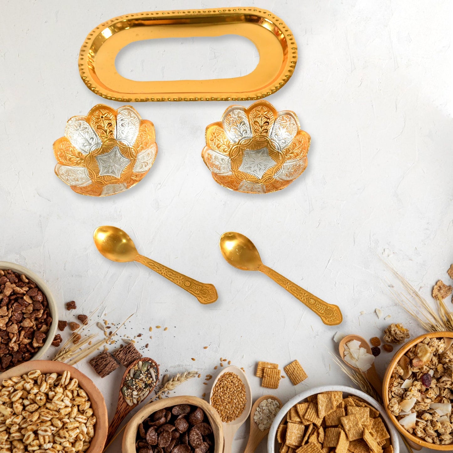 5636 5in1 Gold Silver Plated 2 Bowl 2 Spoon Tray Set Brass with Red Velvet Gift Box Serving Dry Fruits Desserts Gift