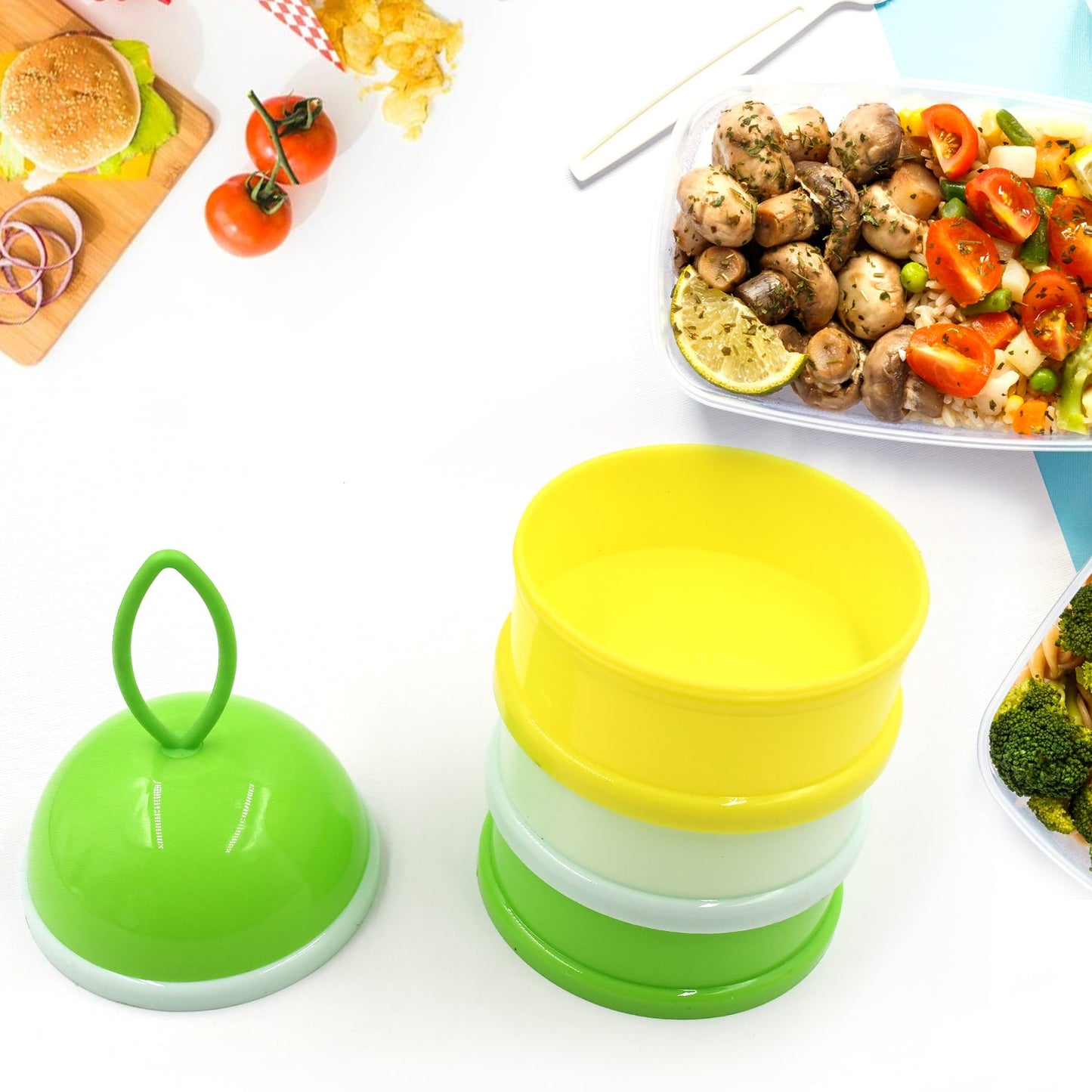 5924A 3 Layer Lunch Box Unique Design Bite Lunch Box With Liquid & Food Container Lunch Box (Green)