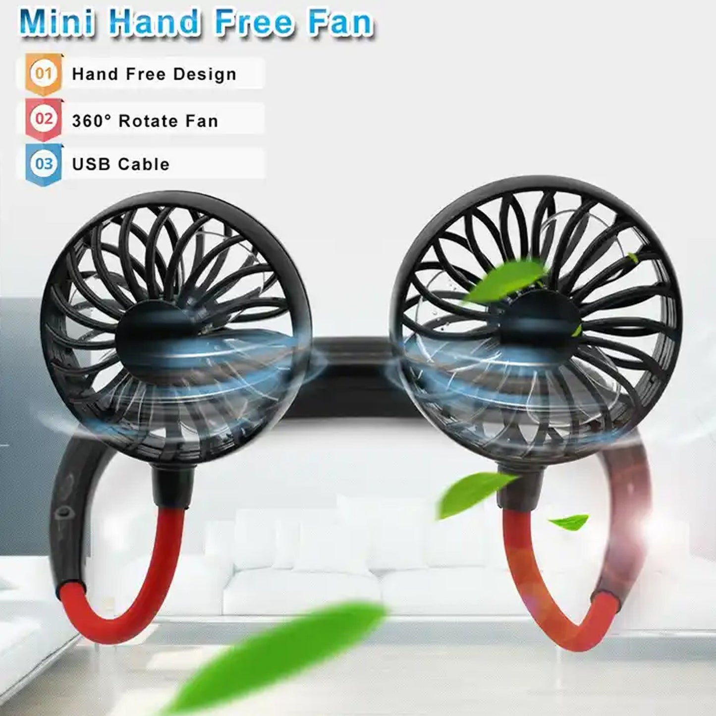 0867 Hand Free Personal Fan - Portable USB Battery Rechargeable With Battery Comaprtment Mini Fan - Headphone Design Wearable Neckband Fan Necklance Fan Cooler Fan for Home, Sport, Camping, Beach, Travel, Office (Battery Not Included)