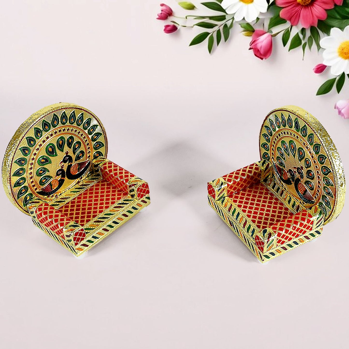 17697 Meenakari Work Laddu Gopal Singhasan for Pooja Mandir Wooden Krishna Ladoo Bal Gopal Sofa Asan, Home Decorative Premium Look Decorative Singhasan Suitable For Home, Office, Restaurant (2 Pc Set)