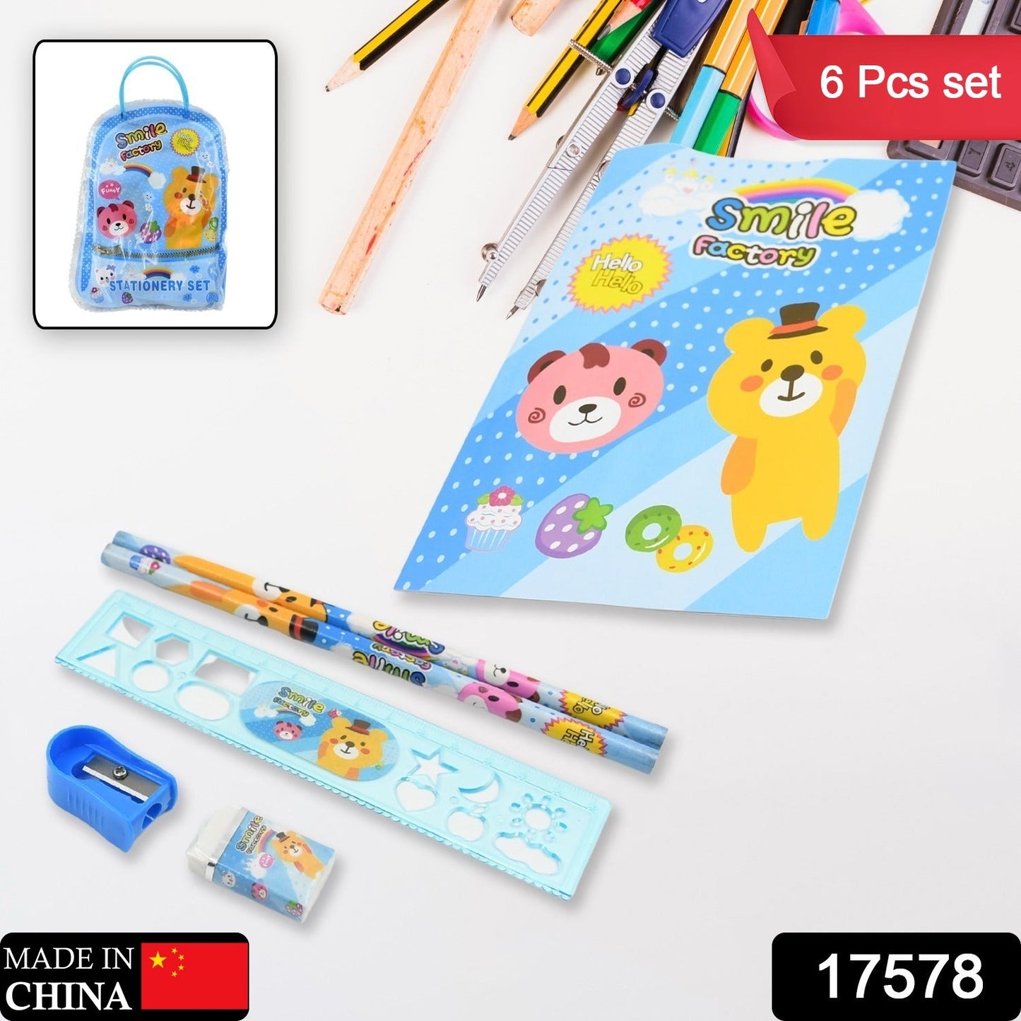 17578 Stationery Kit for Kids - Stationery Set, Includes Wooden Pencil, Sharpener, Pencil and Eraser Set, Birthday Return Gift for Kids, Boys, Girls, 2 Pencil, 1 Scale, 1 Notebook,1 Sharpener, 1 Eraser & With Zip Bag (6 Pcs Set)