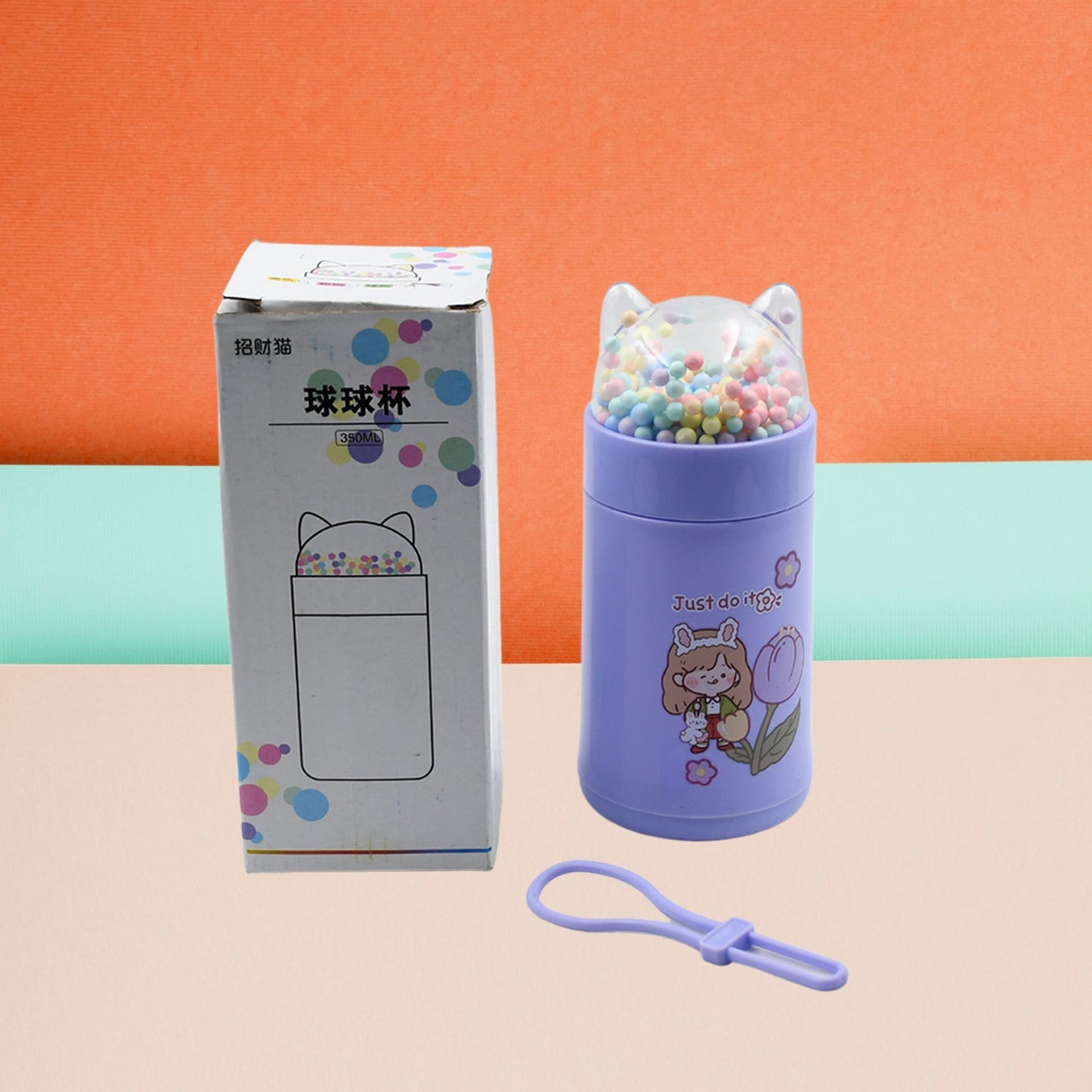 6953 Girl Glass Water Bottle for School with Kid Sparkle Strap Cat Lid Sequins Glitter Glass Cup Birthday Gift Children 350ml (MOQ :- 75 pc)