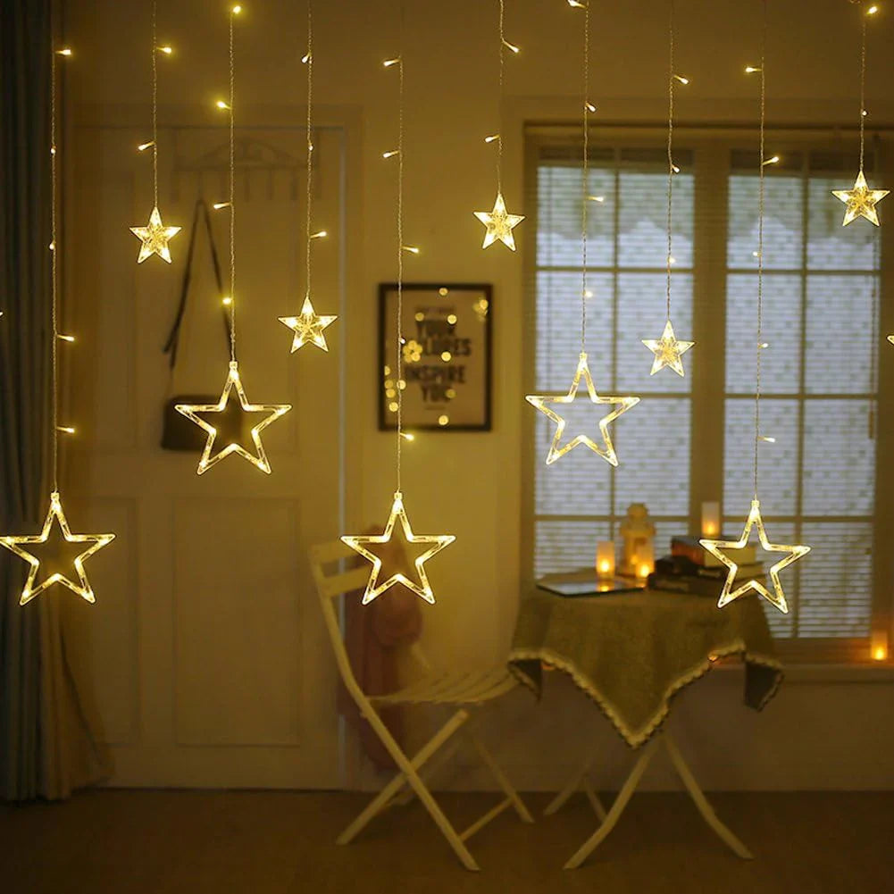 3385 12 Stars LED Curtain String Lights with 8 Flashing Modes for Home Decoration, Diwali & Wedding LED Christmas Light Indoor and Outdoor Light ,Festival Decoration  (Warm White)