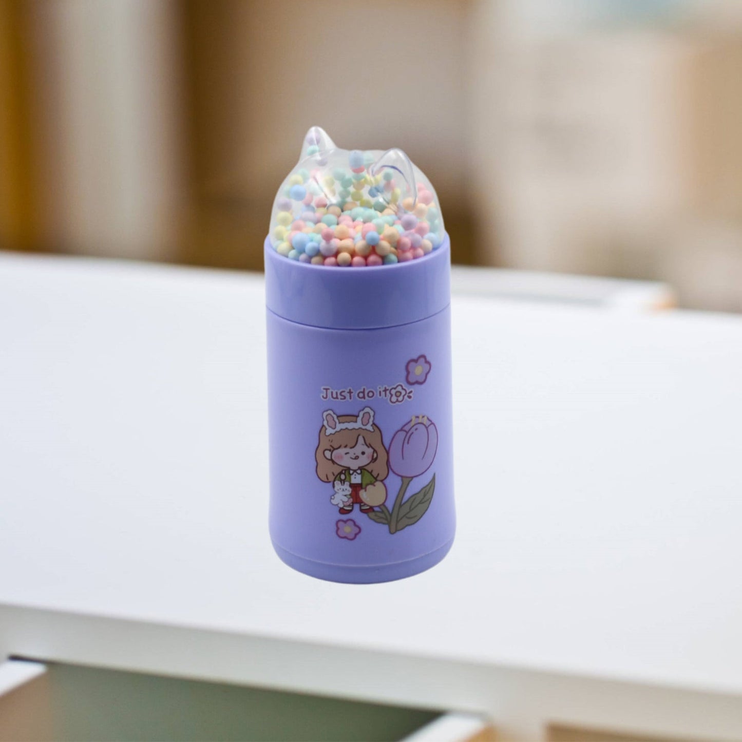 6953 Girl Glass Water Bottle for School with Kid Sparkle Strap Cat Lid Sequins Glitter Glass Cup Birthday Gift Children 350ml (MOQ :- 75 pc)