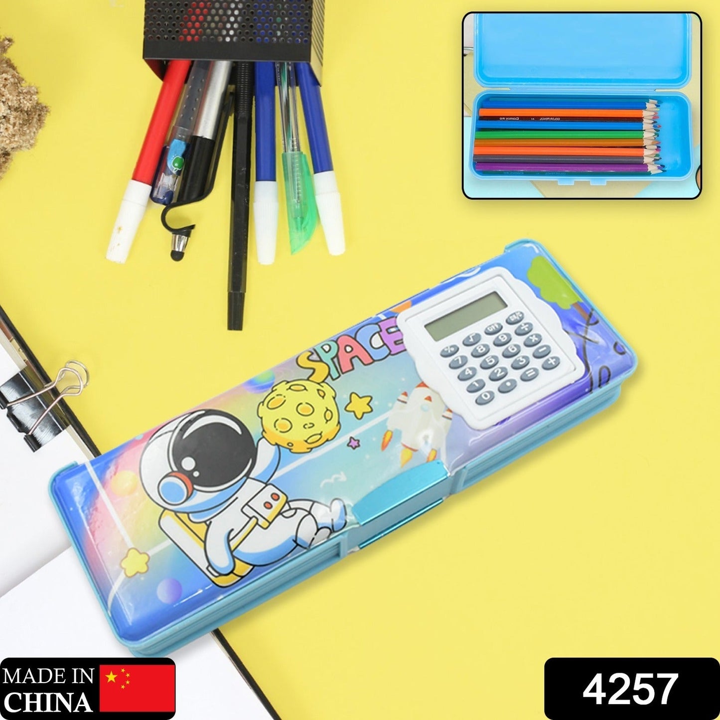 4257 Double Sided Magnetic Geometry Box, Pencil Box with Calculator for Boys Art Plastic Pencil Box  for Girls and Boys