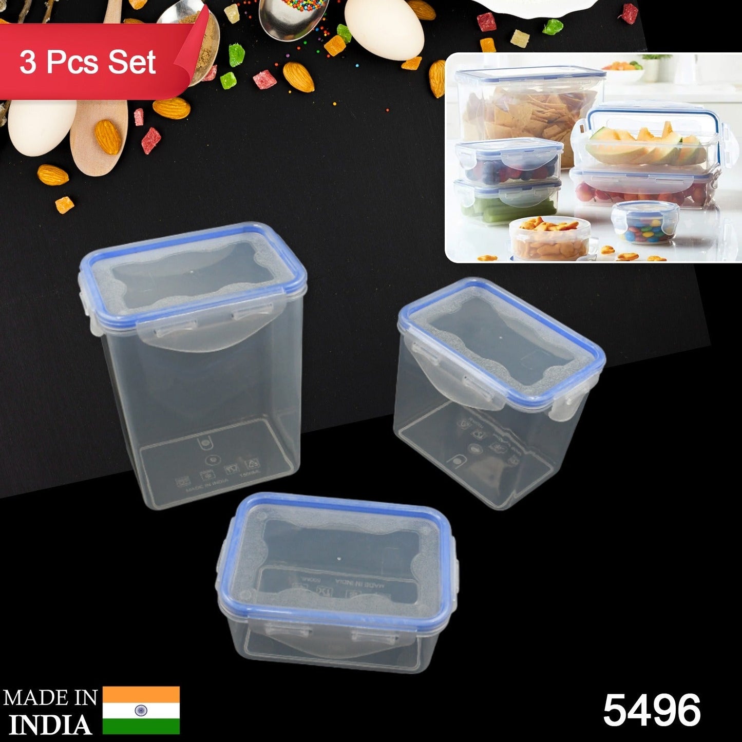 5496 Kitchen Storage Container Set with Food Grade Plastic and Air Seal Lock Lid for Storage of Grocery, Spices, Dry fruits Use For Home, Office, Restaurant, Canteens (3 Piece Set)