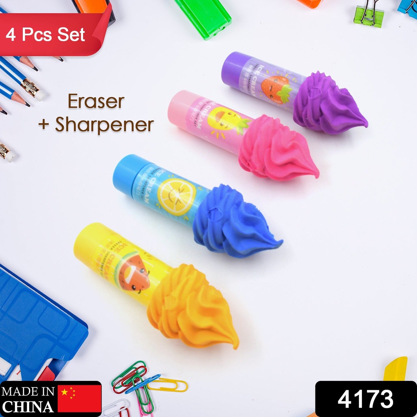 4173 2 in1 Ice-Cream Cone Shaped Eraser Sharpener for Kids, Fancy & Stylish Colorful Erasers, Mini Eraser Creative Cute Novelty Eraser for Children Different Designs Eraser Set for Return Gift, Birthday Party, School Prize (4 Pcs Set)