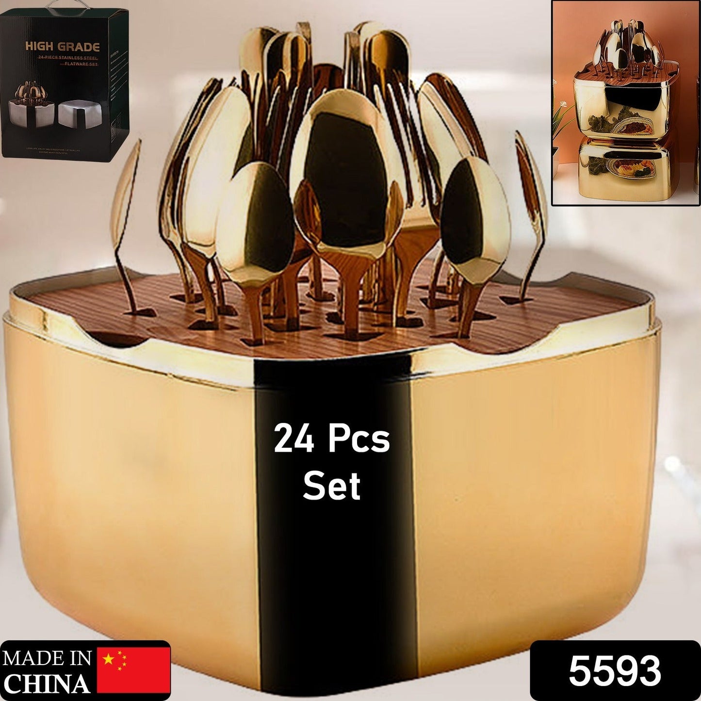 5593 Unique Golden Egg Storage Modern Tableware Steak Knives Fork Flatware Set Royal Spoon Set Tableware Gold Cutlery Set Dishwasher Safe Mirror Finished With Gift Box for Halloween 24Pcs Set)