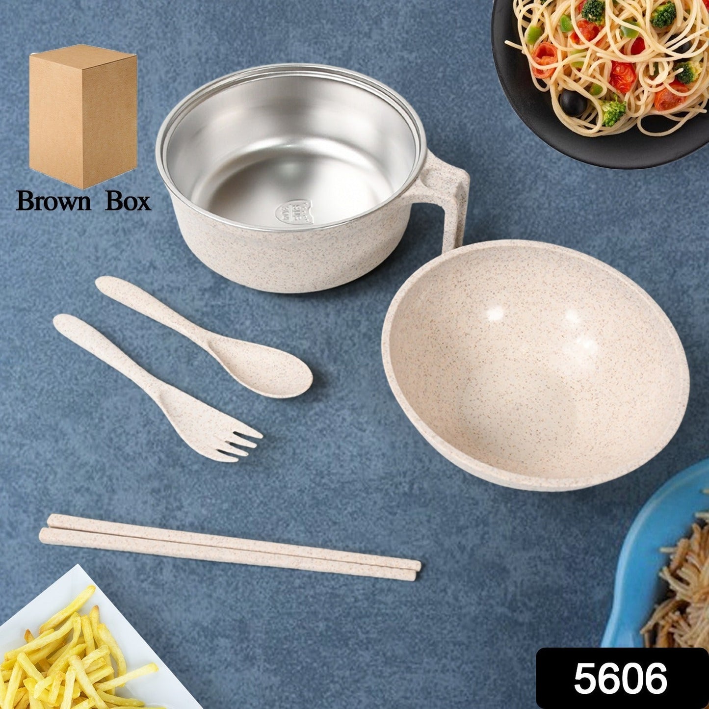 5606 Rice Bowl Noodle 1 Bowl with 1 Lid and Handle Wheat Straw Noodle Bowls with Wheat Straw 1 Fork, 2 Chopsticks, 1 Spoon for Soup Salad Cooker Snack Set (6 Pcs Set)