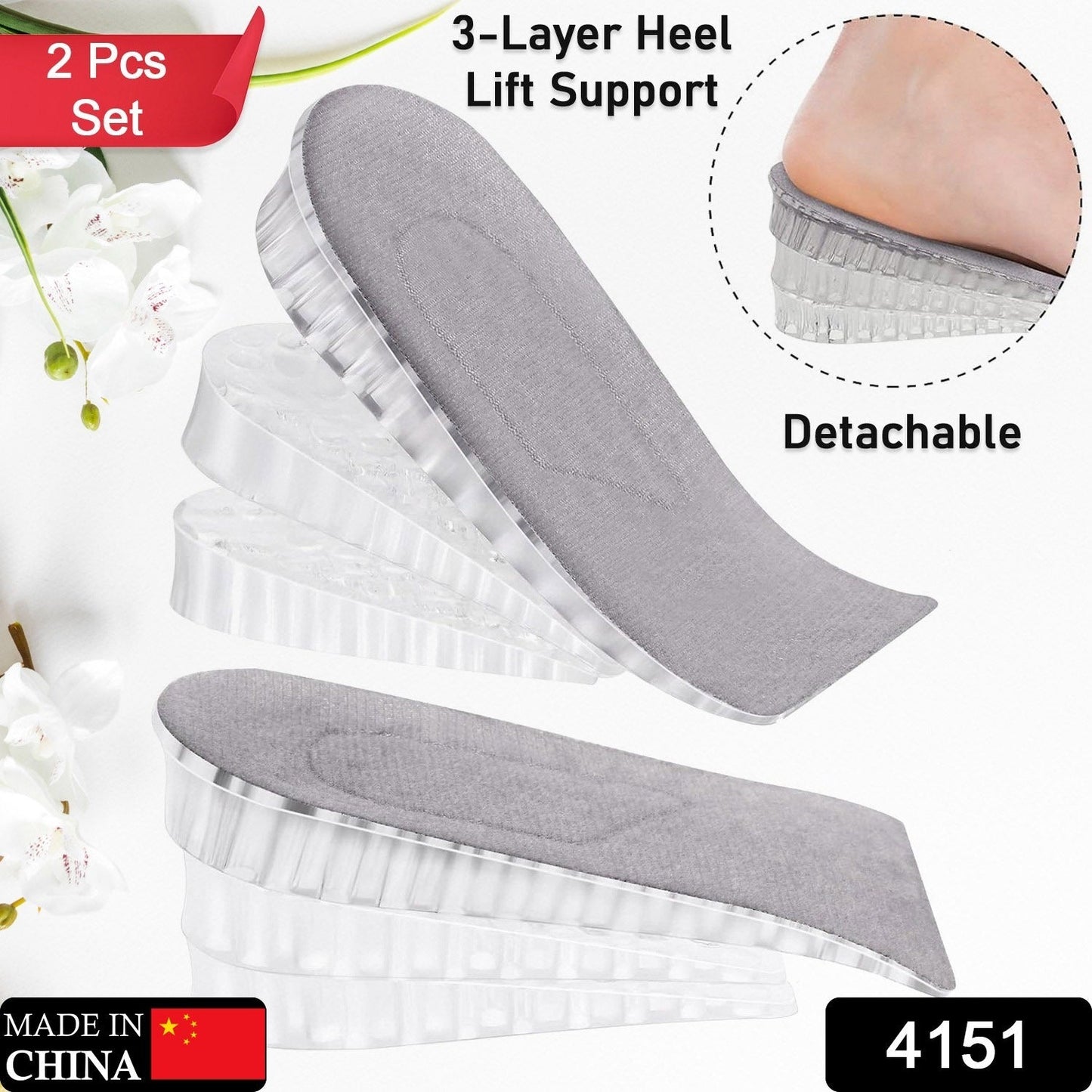 4151 2 Pairs Heel Lift Inserts Height Increase Insole Invisible Heightening Insole Sillicone 3-Layer Heel Support Insoles Height-Adjustable Shoe Pads Foot Cushion for Shoes