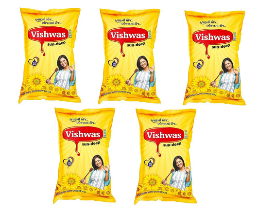 5994A Vishwas Sunflower Oil Jar & Pouch | Refined Sunflower Oil 100% Natural and Pure Sunflower Cooking Oil (Pack Of 5)