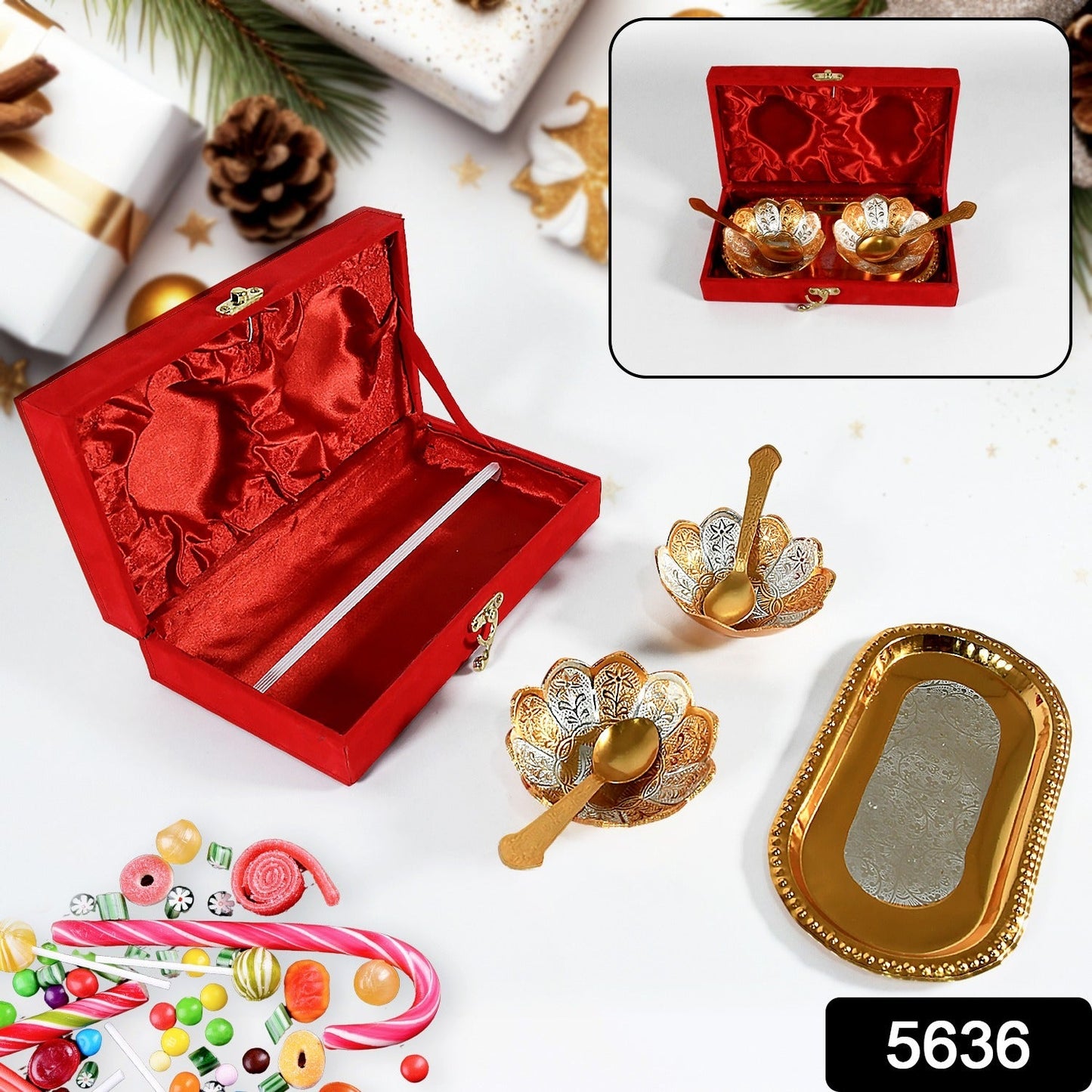 5636 5in1 Gold Silver Plated 2 Bowl 2 Spoon Tray Set Brass with Red Velvet Gift Box Serving Dry Fruits Desserts Gift