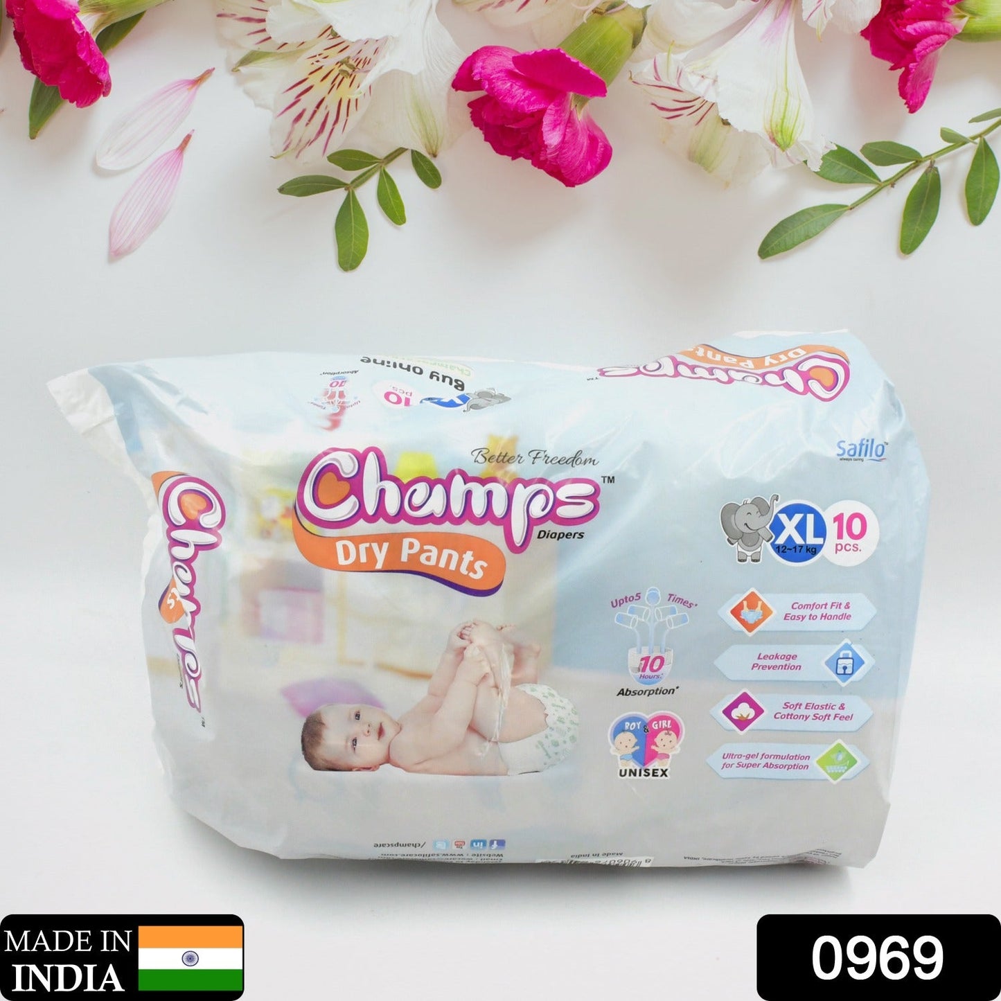 0969 Baby Diaper High Absorbent Pant Diapers,  Champs Soft and Dry Baby Diaper Pants Xl  10 Pcs (Extra Large , XL10 Pieces)