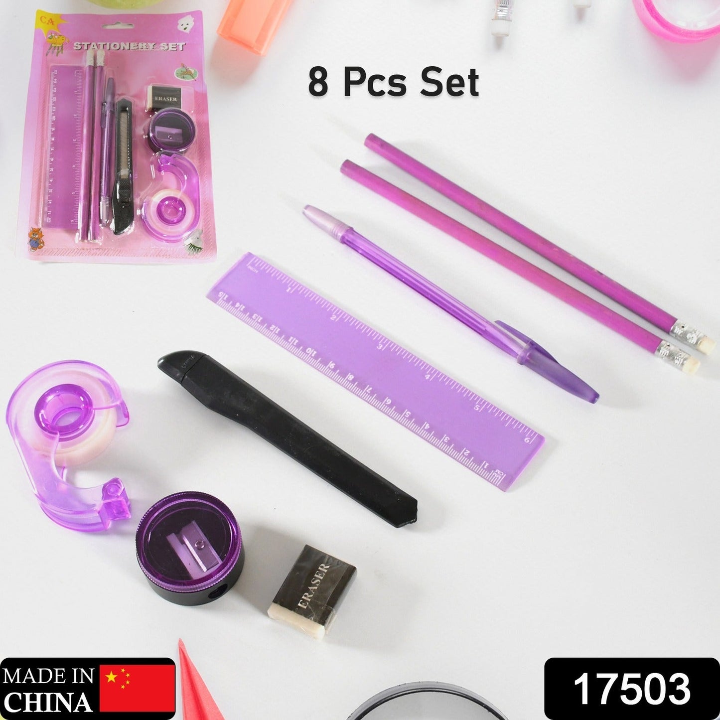 17503 Stationary Sets For kids (8 pcs set), Educational item And gift set for kids Set includes 2 pencil, ruler, sharpener, eraser, cutter, tap and pen.