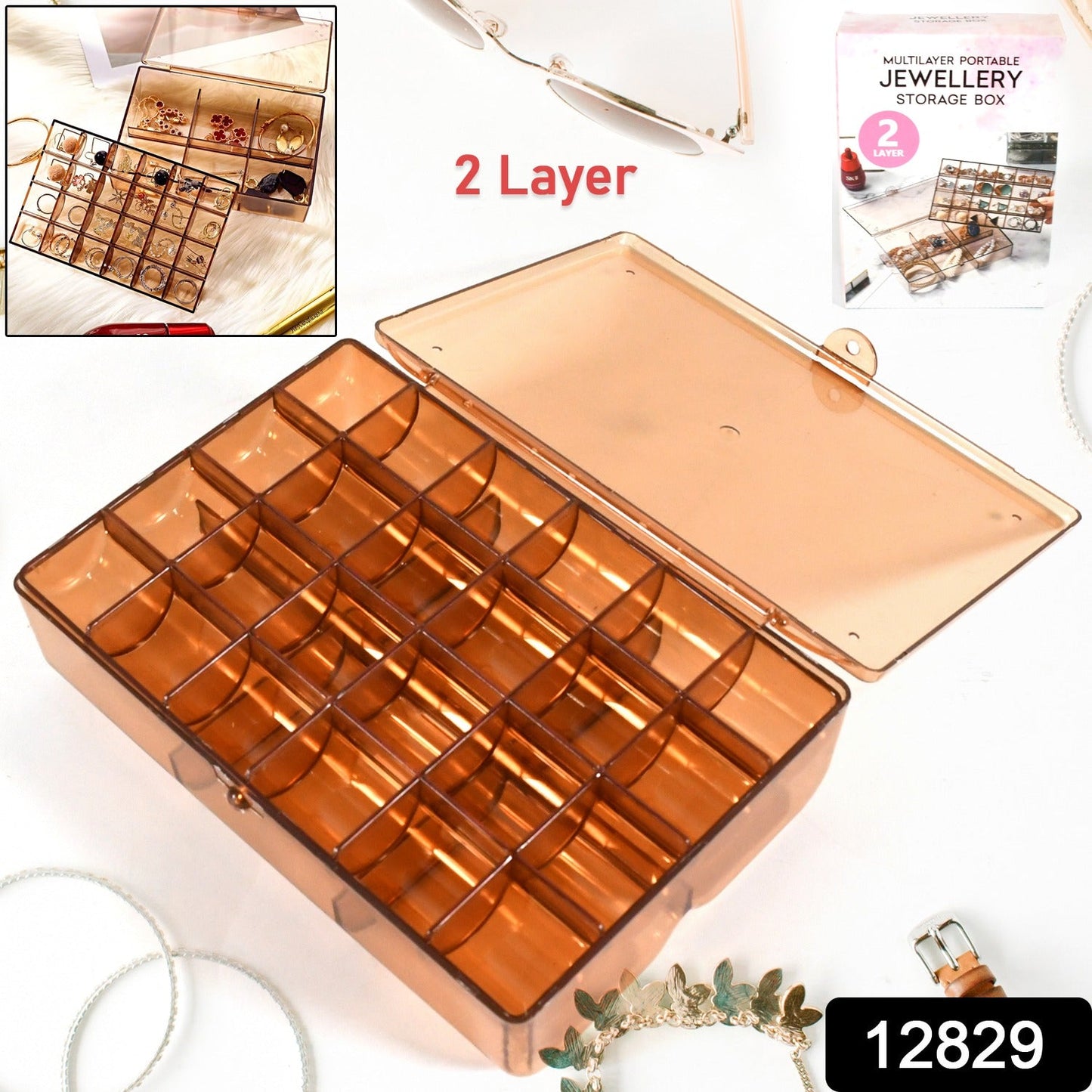 12829 2 layer Acrylic Jewelry Storage Box Dustproof Earring Box, Storage Box Portable Nail Art Storage Case, 24-Grid Small and 6-Grid Big case Makeup Vanity Box (1 Pc / 30 Compartment)