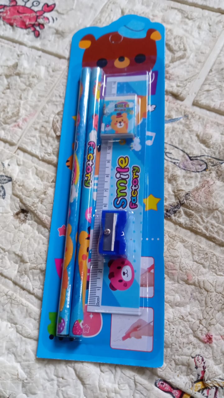 4643 Mix Design Cartoon Wooden Pencil Set, Stationary Set 5 in 1 Items Educational Item for School Going Kids, Stationary Set for Girls Boys/Stationary for School/Gift Pack for Girls Kids/Birthday Gift Kids (5 Pc Set )