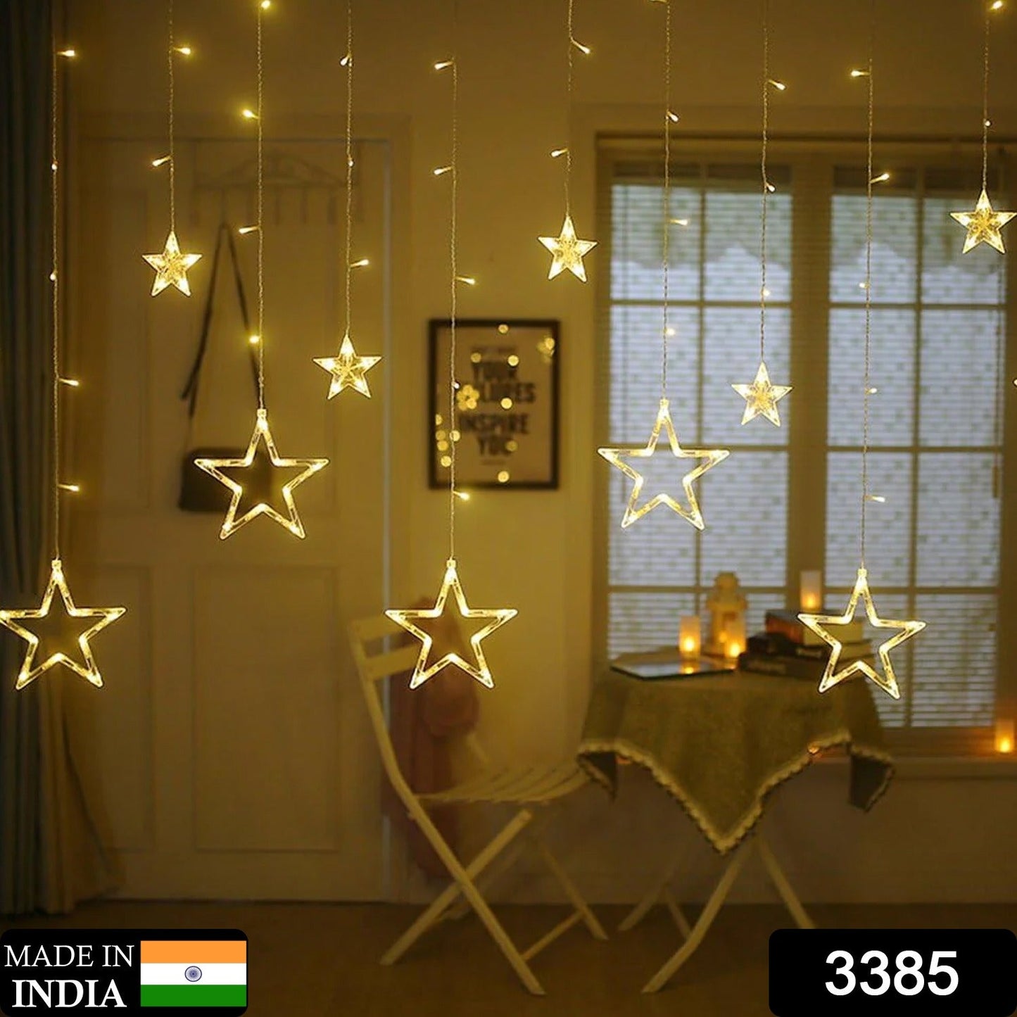 3385 12 Stars LED Curtain String Lights with 8 Flashing Modes for Home Decoration, Diwali & Wedding LED Christmas Light Indoor and Outdoor Light ,Festival Decoration  (Warm White)