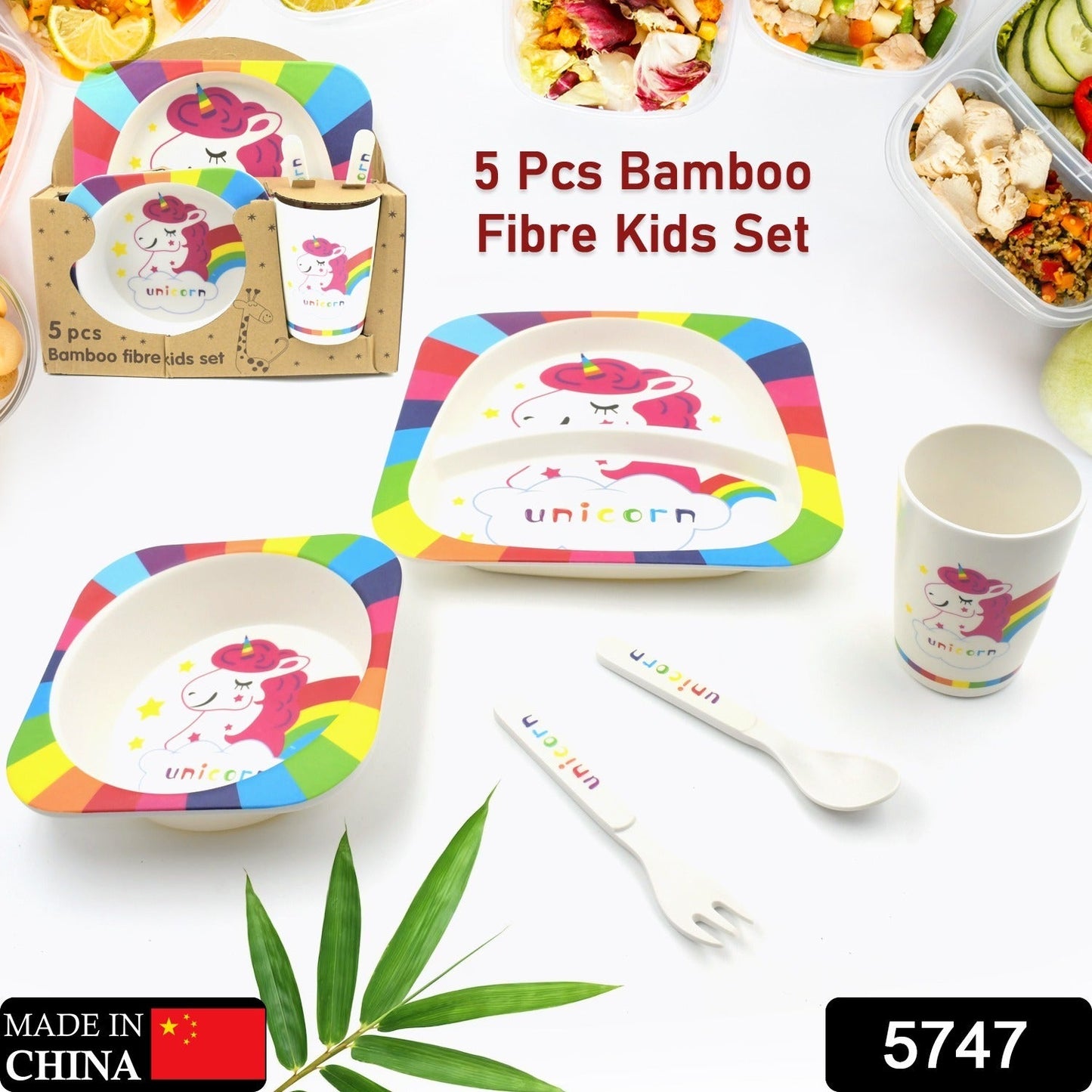 5747 Bamboo Fiber Kids 1 Bowl, 1 Spoon, 1 Fork, 1 Glass, 1 Plate Unicorn Design for Kids and Toddlers, Children Dinnerware Set - Feeding Set for Kids, Cartoon Design Tableware Microwave & Dishwasher Safe (5 Pcs Set)