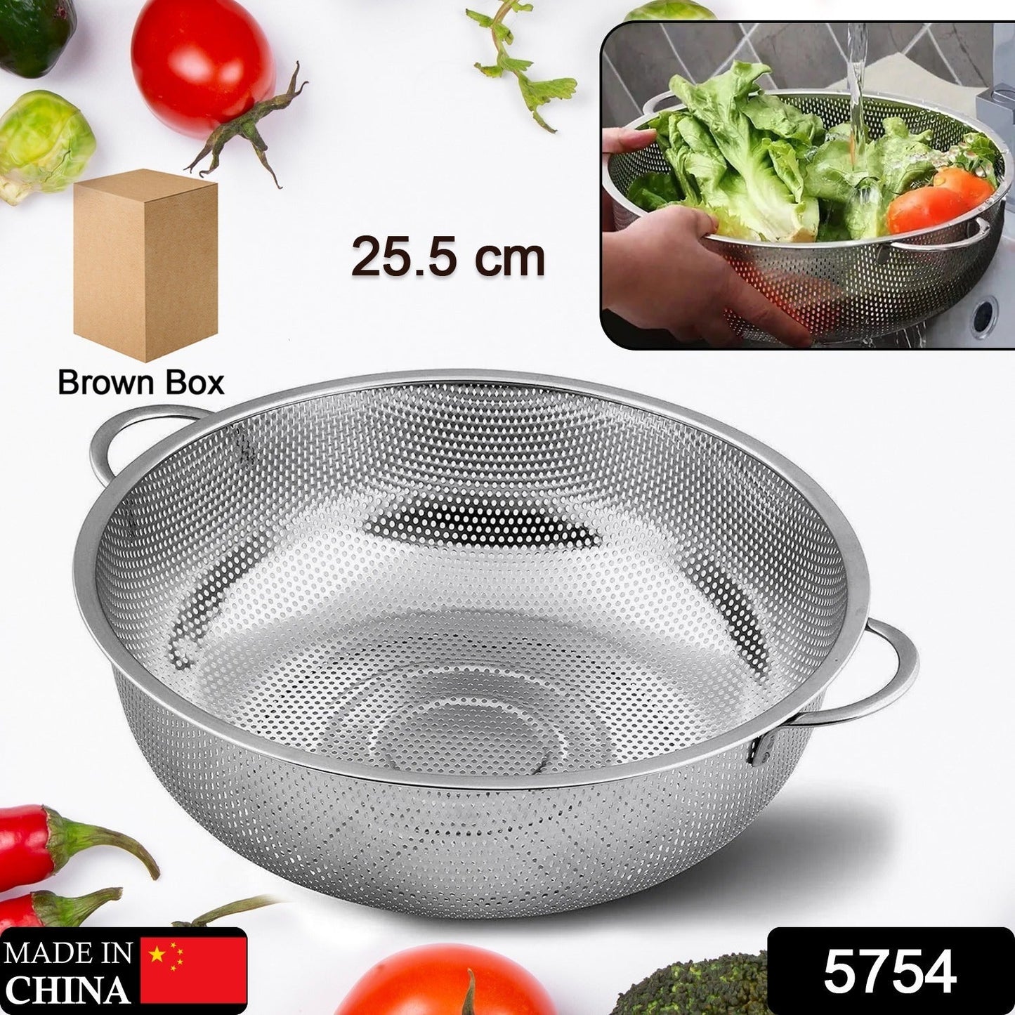 5754 Stainless Steel Colander with Handle, Large Metal Mesh Basket Strainer for Pasta, Spaghetti, Berry, Veggies, Fruits,  Kitchen Food Colander, Dishwasher Safe (1 pc / 25.5 cm)